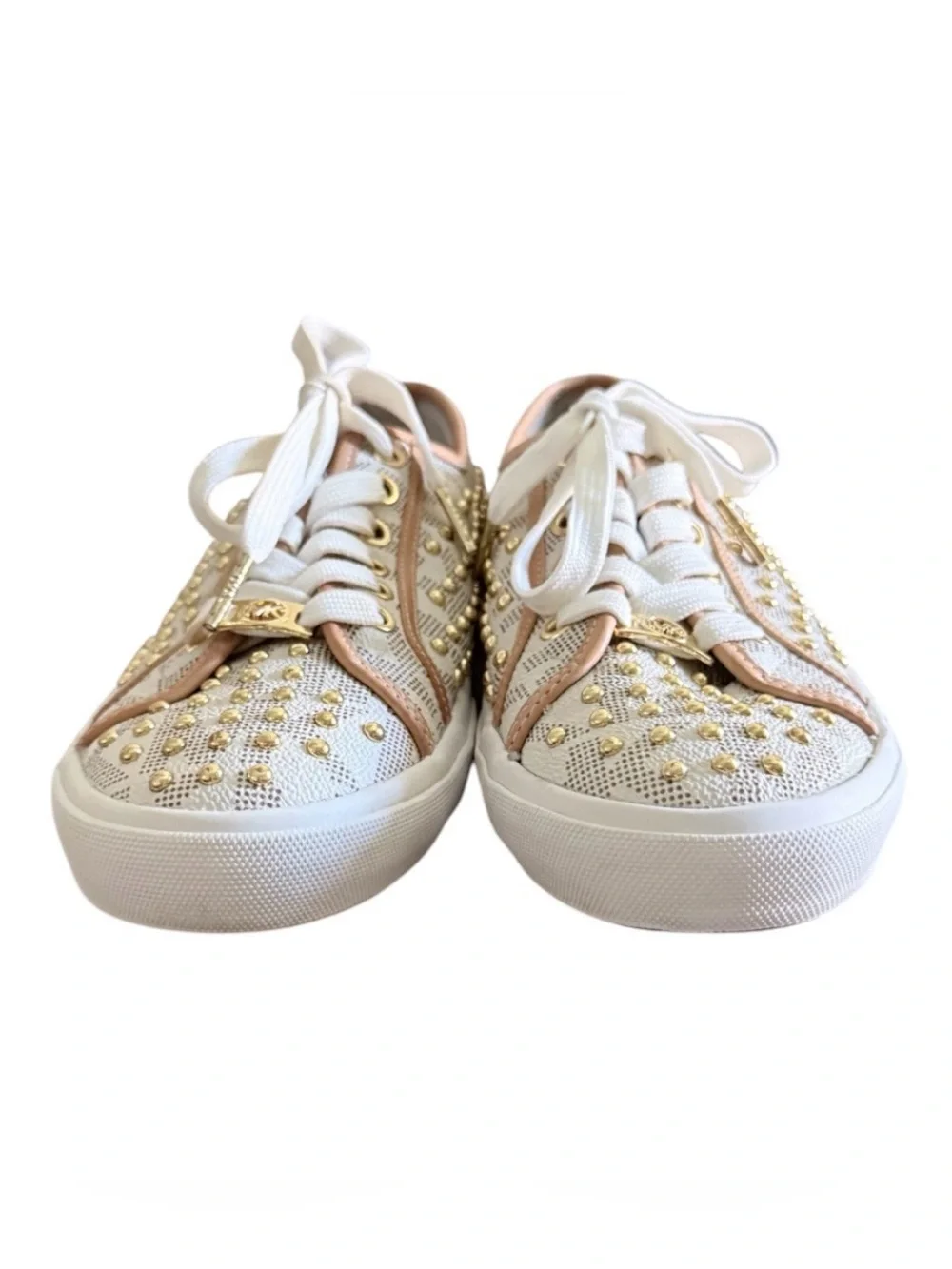 Michael Kors Medici women’s 8M studded lace up leather white & tan logo sneaker